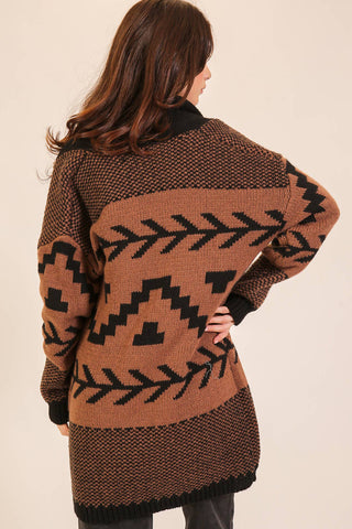 Western Geometric Open-Front Longline Cardigan: Brown/Black / S