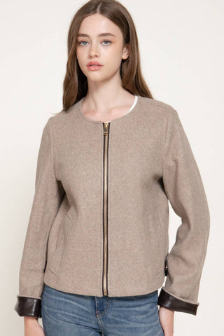 Long Sleeve Round Neck Faux Leather Combination Felt Jacket: BRN-brown / S