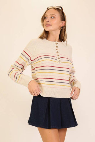 Striped Button-Front Crew Knit Sweater: Natural Multi / S