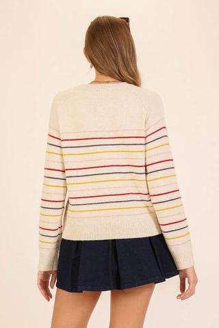 Striped Button-Front Crew Knit Sweater: Natural Multi / L