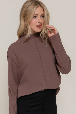 Long Sleeve Visible Overlocked Seams Detail Brushed Rib Top: PNK-blush / S