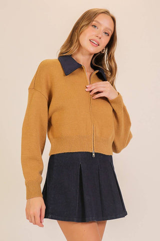 Fall Collared Full-Zip Knit Sweater: Taupe/Navy / L