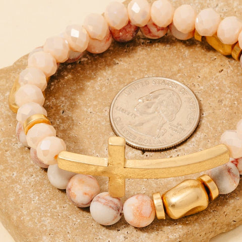 Cross Charm Stone Beaded Bracelet Set: WHWG