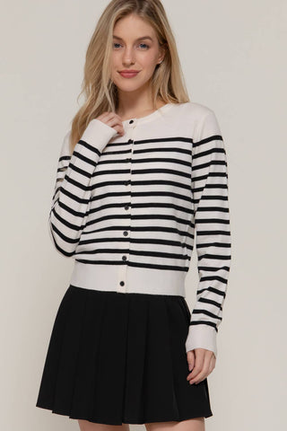 Long Sleeve Crew Neck Stripe Sweater Cardigan: OLV-olive/cream / L