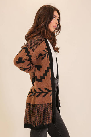 Western Geometric Open-Front Longline Cardigan: Brown/Black / M