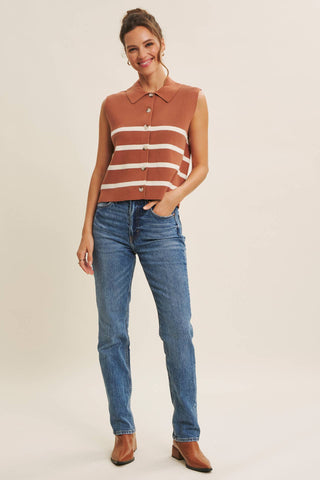 DESERT SUN STRIPE MODERN BUTTON-DOWN SWEATER VEST: TERRACOTTA / M