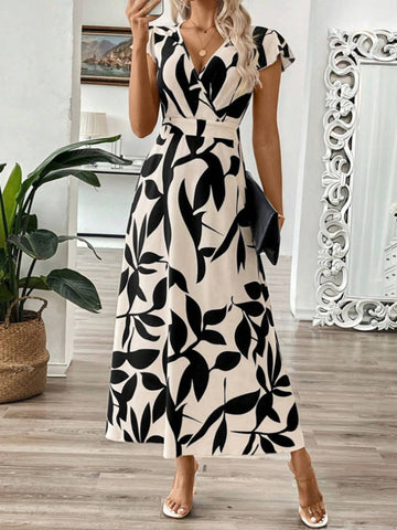 V-neck Printed Dress: Beige / 1X