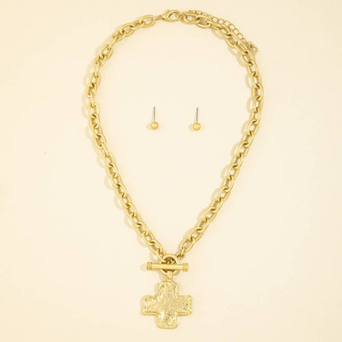 Hammered Cross Toggle Chain Necklace: VG24K