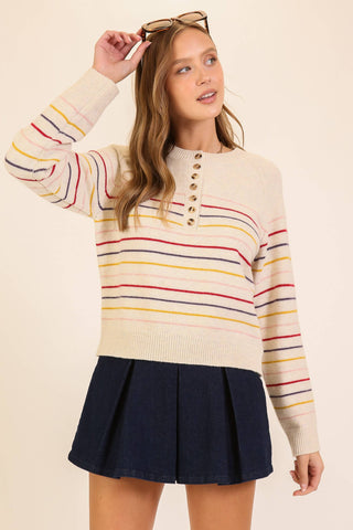 Striped Button-Front Crew Knit Sweater: Natural Multi / S