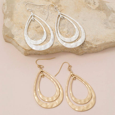 Hammered Double Teardrop Layered Dangle Earrings: WG