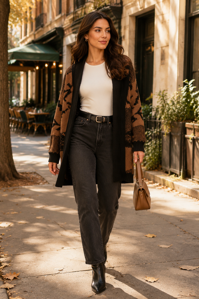 Western Geometric Open-Front Longline Cardigan: Brown/Black / M