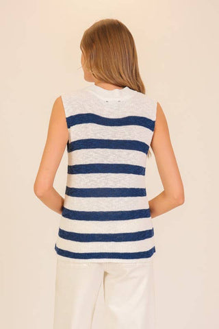 Harbor Stripe Sleeveless Knit Top: Black/Beige / L