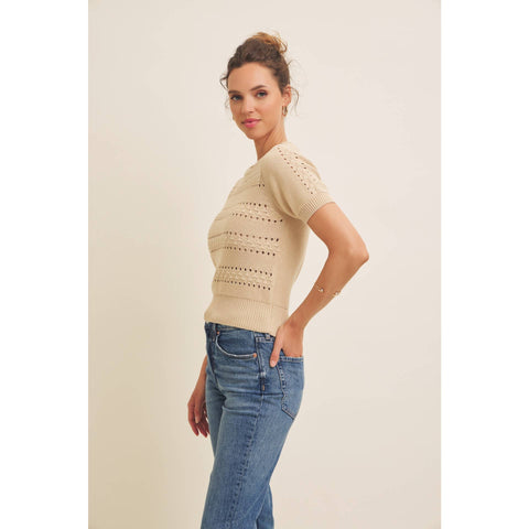 SOFT NOD TO VINTAGE POINTELLE COTTON SWEATER TOP: BEIGE / L