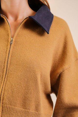 Fall Collared Full-Zip Knit Sweater: Taupe/Navy / L