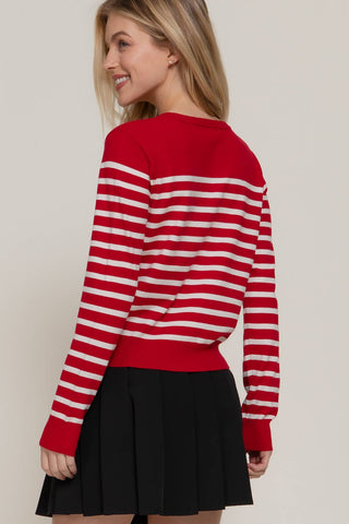 Long Sleeve Crew Neck Stripe Sweater Cardigan: OLV-olive/cream / M