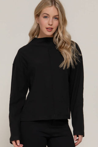 Long Sleeve Visible Overlocked Seams Detail Brushed Rib Top: PNK-blush / S
