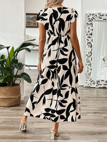 V-neck Printed Dress: Beige / 1X