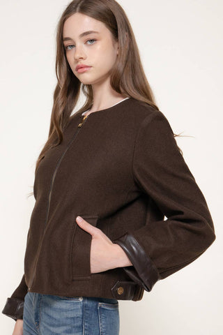 Long Sleeve Round Neck Faux Leather Combination Felt Jacket: BRN-brown / S