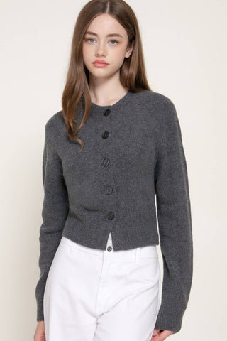 Long Sleeve Round Neck Button Down Sweater Cardigan: GRN-dark green / S