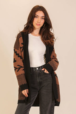 Western Geometric Open-Front Longline Cardigan: Brown/Black / S