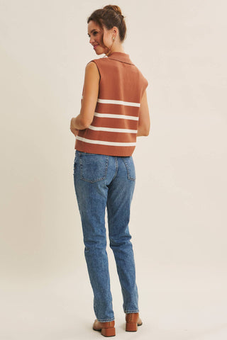 DESERT SUN STRIPE MODERN BUTTON-DOWN SWEATER VEST: TERRACOTTA / M