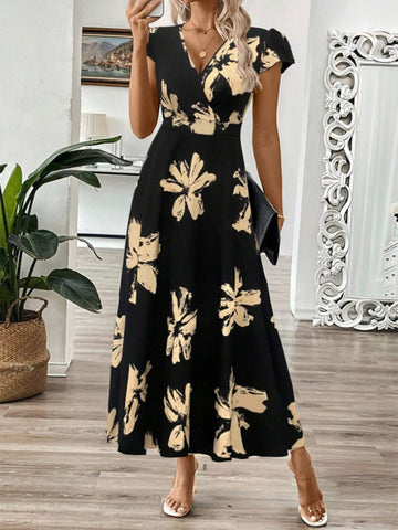 V-neck Printed Dress: Beige / M