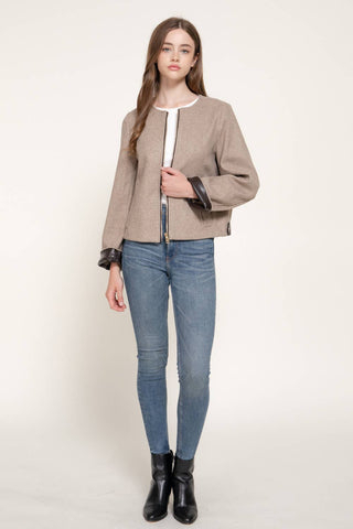 Long Sleeve Round Neck Faux Leather Combination Felt Jacket: KHA-dark oatmeal / S