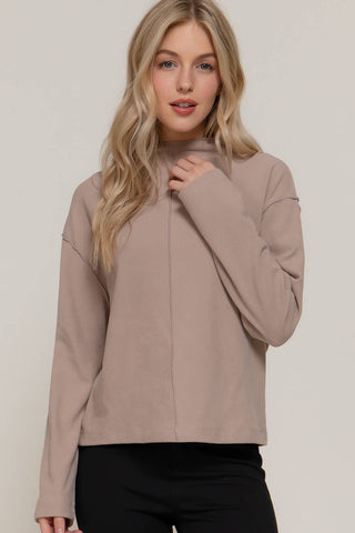 Long Sleeve Visible Overlocked Seams Detail Brushed Rib Top: PNK-blush / S