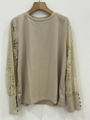 Waffle Button Patchwork Lace Top: Blue / S