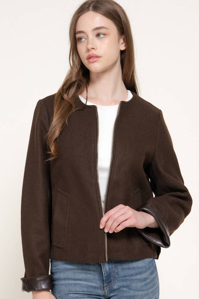 Long Sleeve Round Neck Faux Leather Combination Felt Jacket: BRN-brown / L