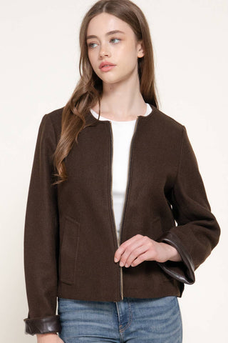 Long Sleeve Round Neck Faux Leather Combination Felt Jacket: KHA-dark oatmeal / M