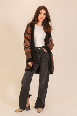 Western Geometric Open-Front Longline Cardigan: Brown/Black / S