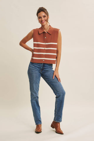 DESERT SUN STRIPE MODERN BUTTON-DOWN SWEATER VEST: TERRACOTTA / M