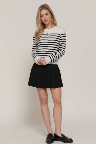 Long Sleeve Crew Neck Stripe Sweater Cardigan: OLV-olive/cream / M