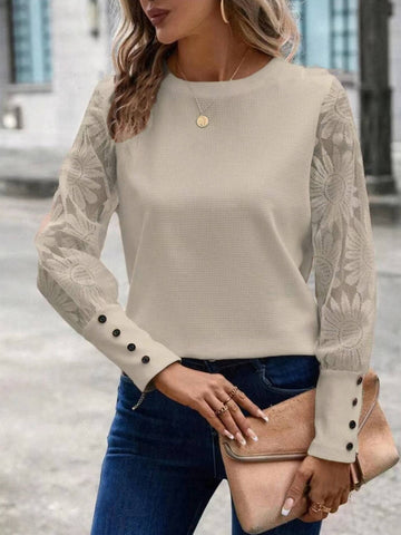 Waffle Button Patchwork Lace Top: Blue / L