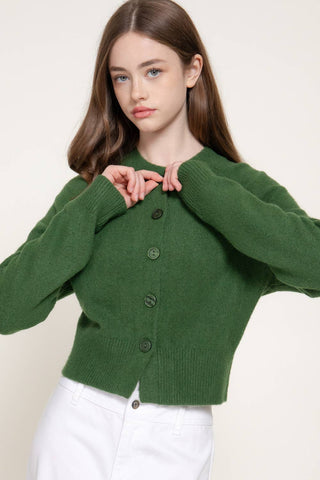 Long Sleeve Round Neck Button Down Sweater Cardigan: GRN-dark green / S