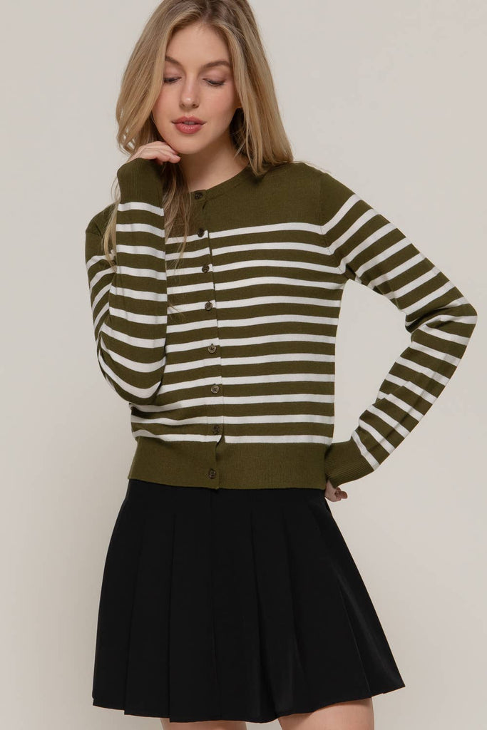 Long Sleeve Crew Neck Stripe Sweater Cardigan: OLV-olive/cream / M