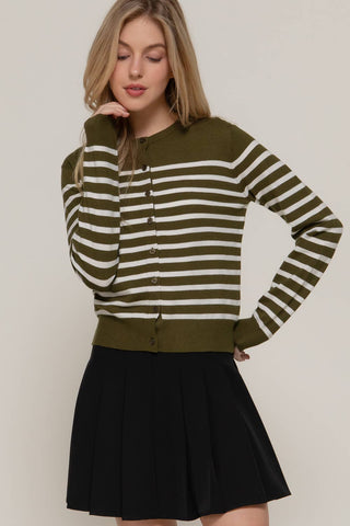Long Sleeve Crew Neck Stripe Sweater Cardigan: OLV-olive/cream / S