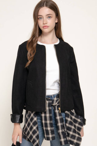 Long Sleeve Round Neck Faux Leather Combination Felt Jacket: BRN-brown / L