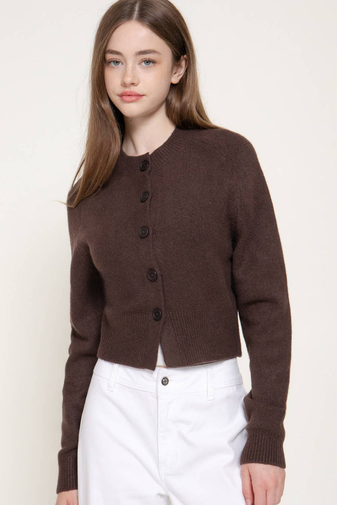 Long Sleeve Round Neck Button Down Sweater Cardigan: BRN-brown / M