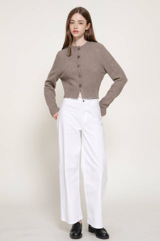 Long Sleeve Round Neck Button Down Sweater Cardigan: GRN-dark green / S