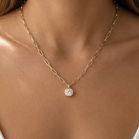 Round Bezel Cz Paperclip Chain Pendant Necklace: GOLD