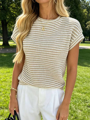 Striped Crew Neck Slim Fit Casual Top: Beige / L