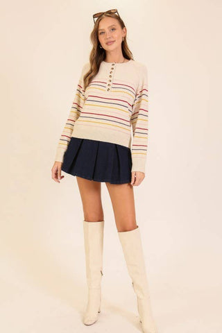 Striped Button-Front Crew Knit Sweater: Natural Multi / M