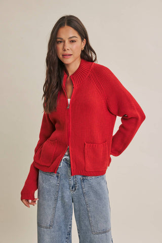 SIMPLE COMFORT 2-WAY ZIP EVERYDAY SWEATER JACKET WITH POCKET: CARAMEL / S