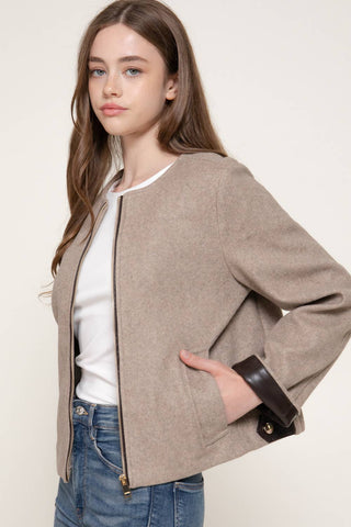 Long Sleeve Round Neck Faux Leather Combination Felt Jacket: KHA-dark oatmeal / M