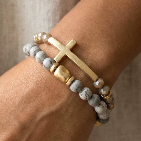 Cross Charm Stone Beaded Bracelet Set: WHWG