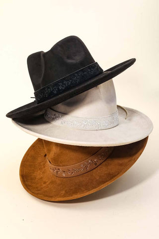 Embroidered Flower Strap Fedora Hat: BR