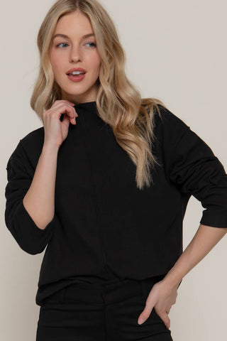 Long Sleeve Visible Overlocked Seams Detail Brushed Rib Top: PNK-blush / S