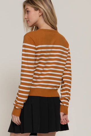 Long Sleeve Crew Neck Stripe Sweater Cardigan: OLV-olive/cream / L
